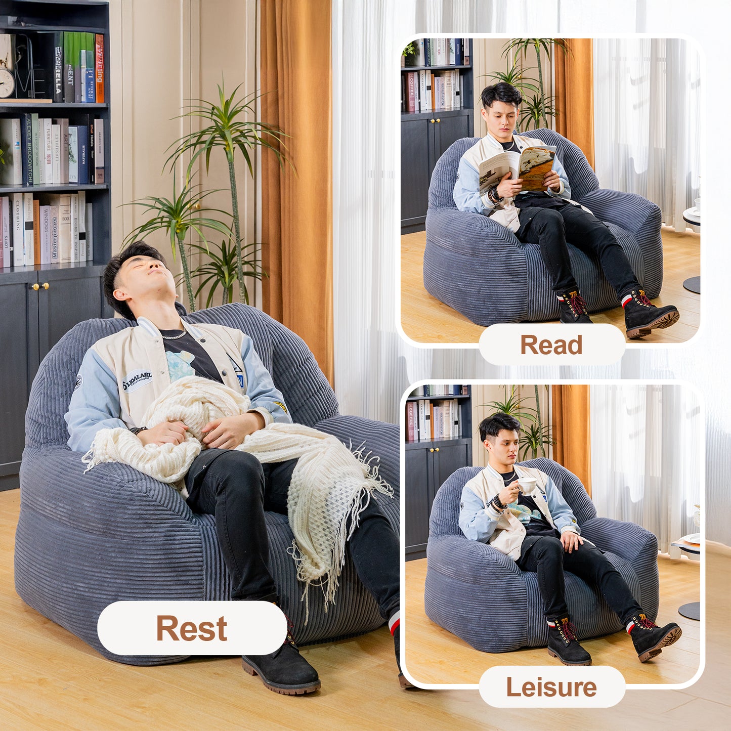 Stmoze Bean Bag Chair, Faux Fur Bean Bag Chair for Adults, Fluffy and Comfy Bean Bag Chair with Filler, Big Bean Bag Sofa Chair for Reading, Gaming, Stuffed High-Density Foam, Grey