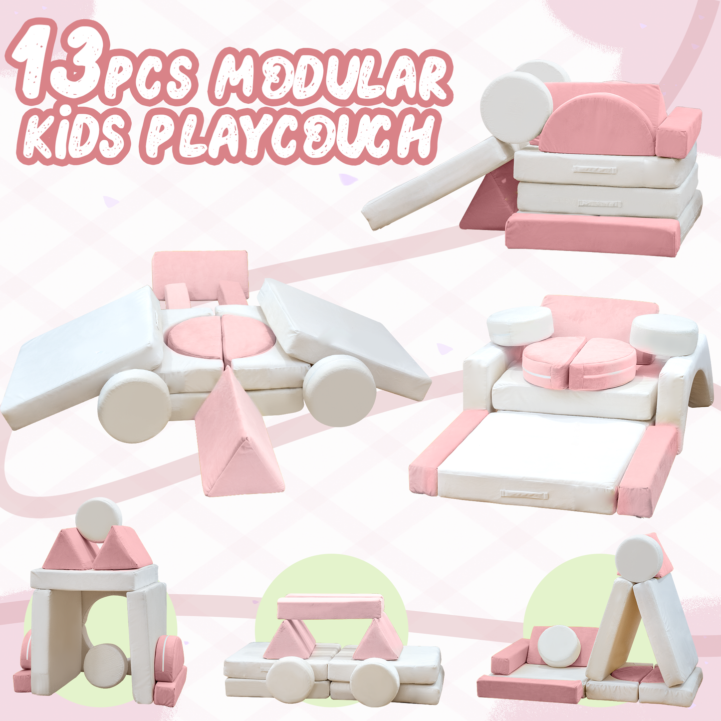 Stmoze 13PCS Modular Kids Play Couch with Washable Velvet Cover, Modular Couch for Boys and Girls, Convertible Foam and Floor Cushion for Nursery Playroom