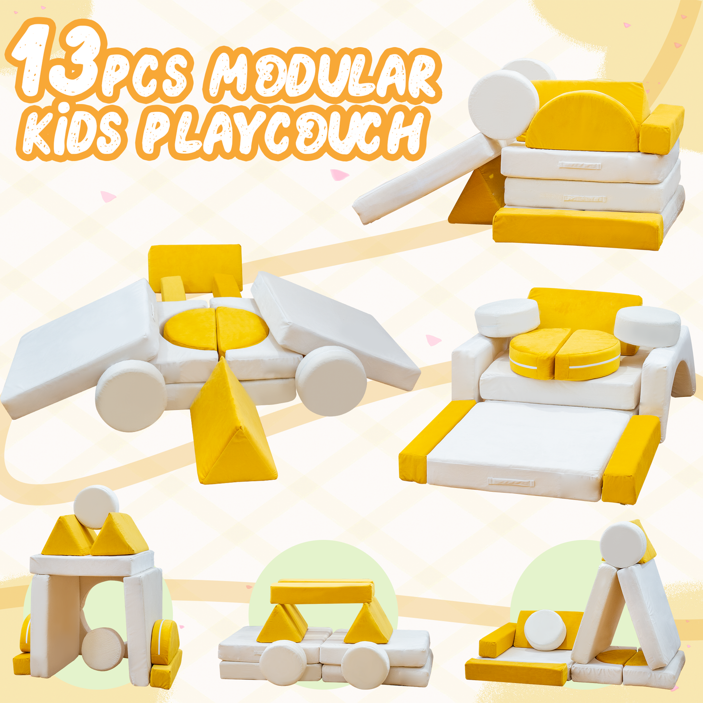Stmoze 13PCS Modular Kids Play Couch with Washable Velvet Cover, Modular Couch for Boys and Girls, Convertible Foam and Floor Cushion for Nursery Playroom