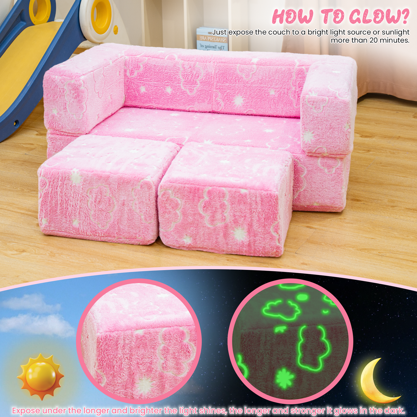 Stomoze 4Pcs Modular Couch Kids Fort Glow in the Dark,Large Modular Couch Kids Glow in the Dark,Modular Kids Toddler Play Couch,Convertible Modular Couch Kids for Playroom