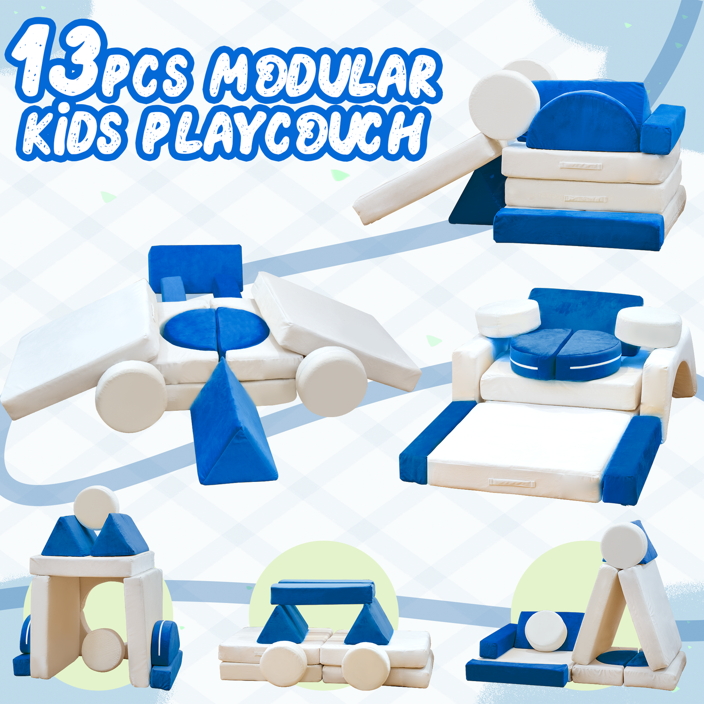 Stmoze 13PCS Modular Kids Play Couch with Washable Velvet Cover, Modular Couch for Boys and Girls, Convertible Foam and Floor Cushion for Nursery Playroom
