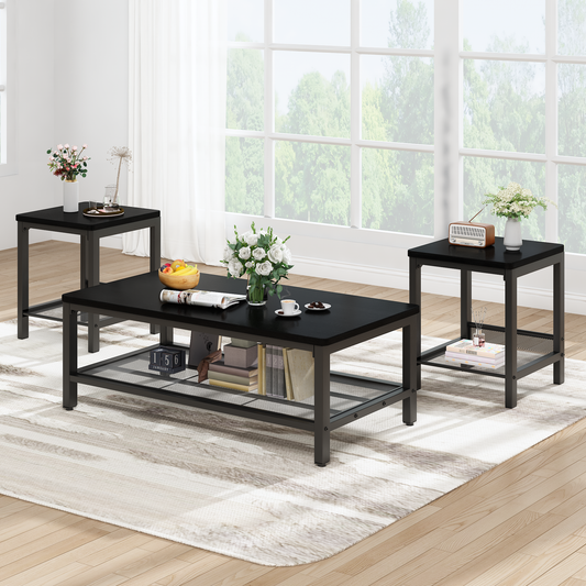 Baxluxe 3 Pieces Living Room Coffee Table Set, Retro Coffee Table with 2 Square End Tables, Tea Table Set with Metal Frame for Apartment Home Office