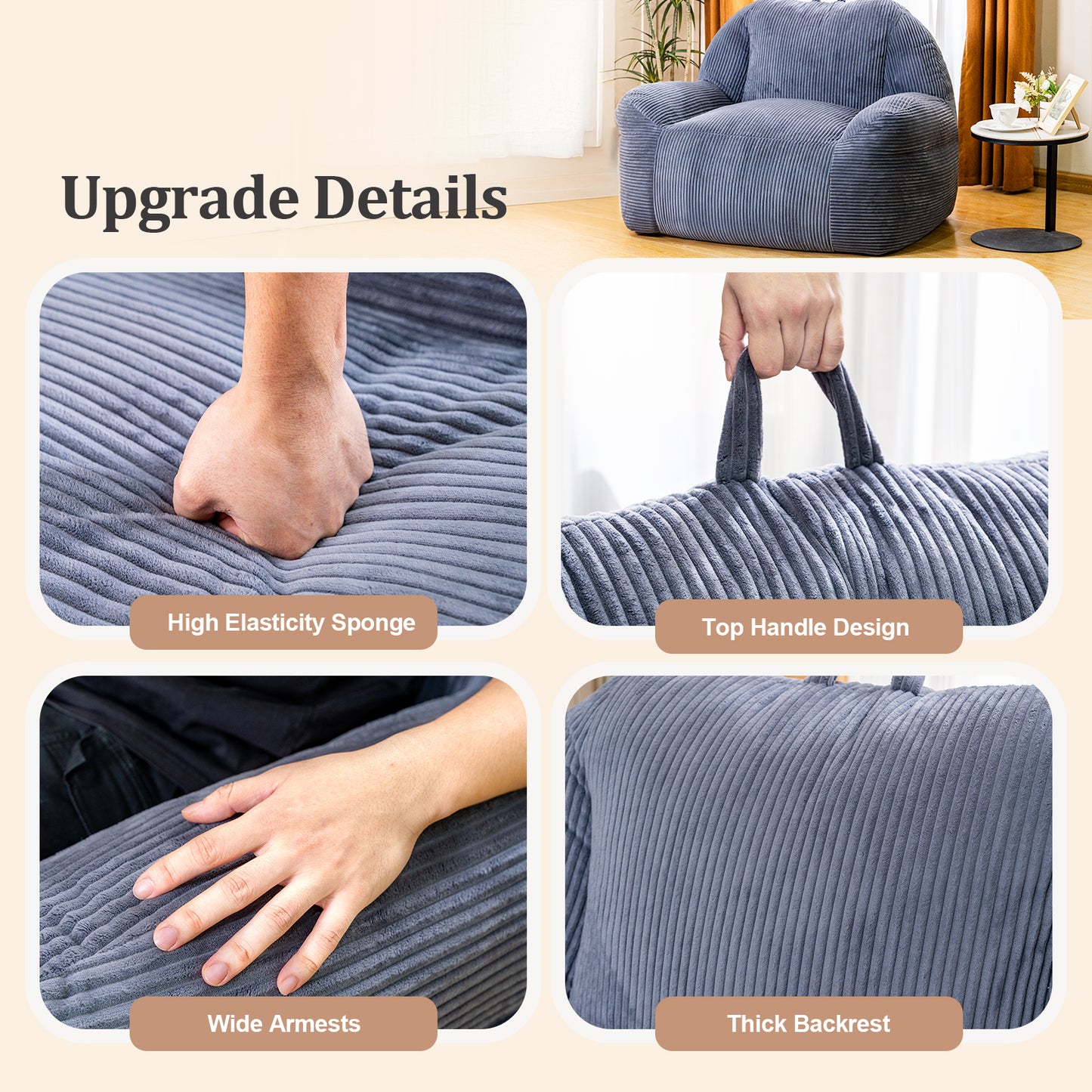 Stmoze Bean Bag Chair, Faux Fur Bean Bag Chair for Adults, Fluffy and Comfy Bean Bag Chair with Filler, Big Bean Bag Sofa Chair for Reading, Gaming, Stuffed High-Density Foam, Grey