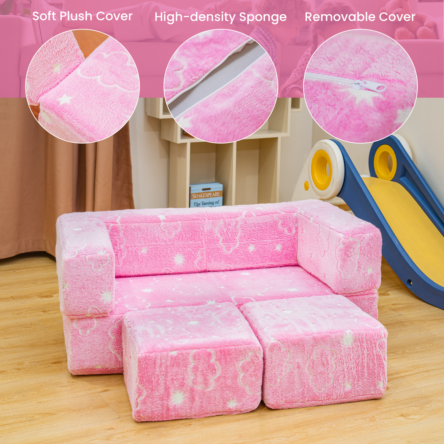 Stomoze 4Pcs Modular Couch Kids Fort Glow in the Dark,Large Modular Couch Kids Glow in the Dark,Modular Kids Toddler Play Couch,Convertible Modular Couch Kids for Playroom