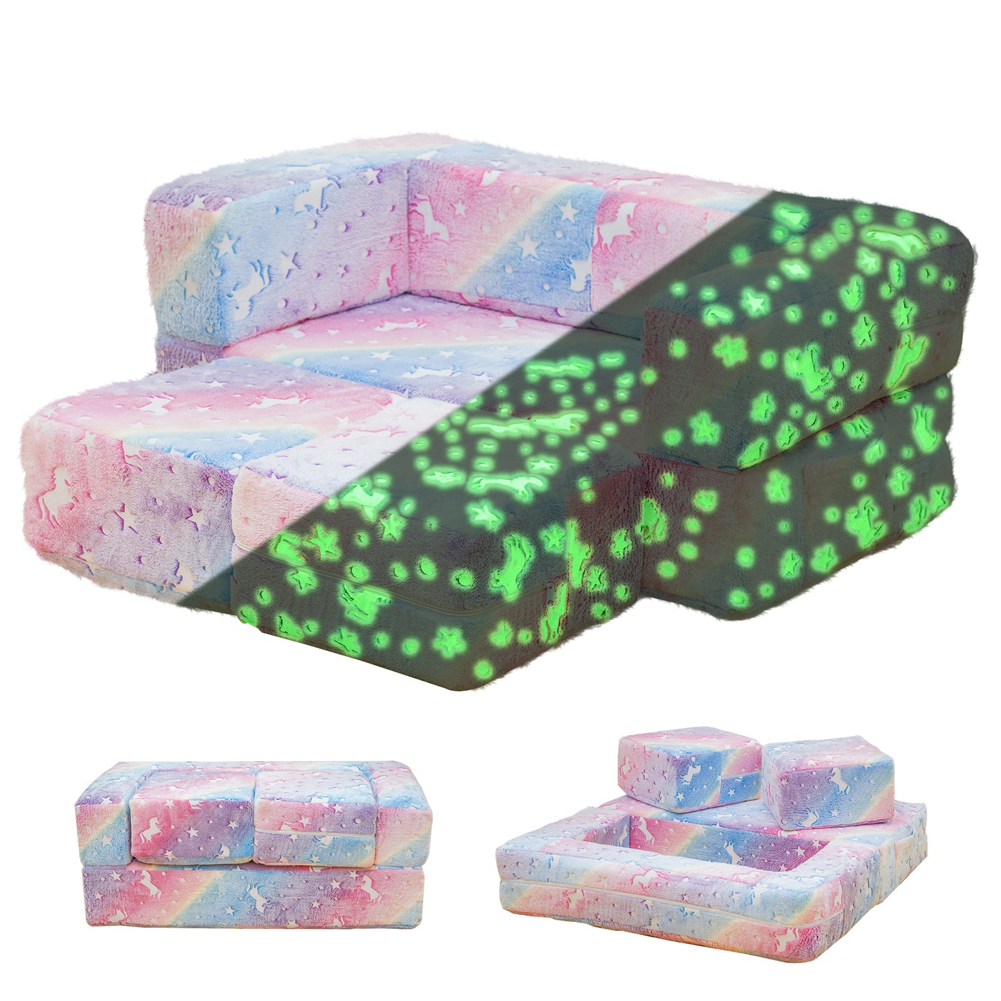 Stomoze 4Pcs Modular Couch Kids Fort Glow in the Dark,Large Modular Couch Kids Glow in the Dark,Modular Kids Toddler Play Couch,Convertible Modular Couch Kids for Playroom