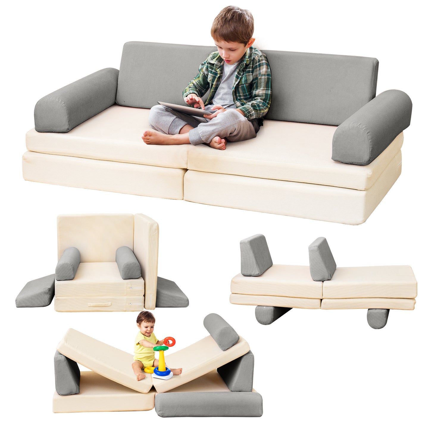 Stmoze Modular Kids Play Couch, Kids Couch for Playroom, Kids Sofa Couch, 5 Seconds Instant Expansion, Corduroy Fabric