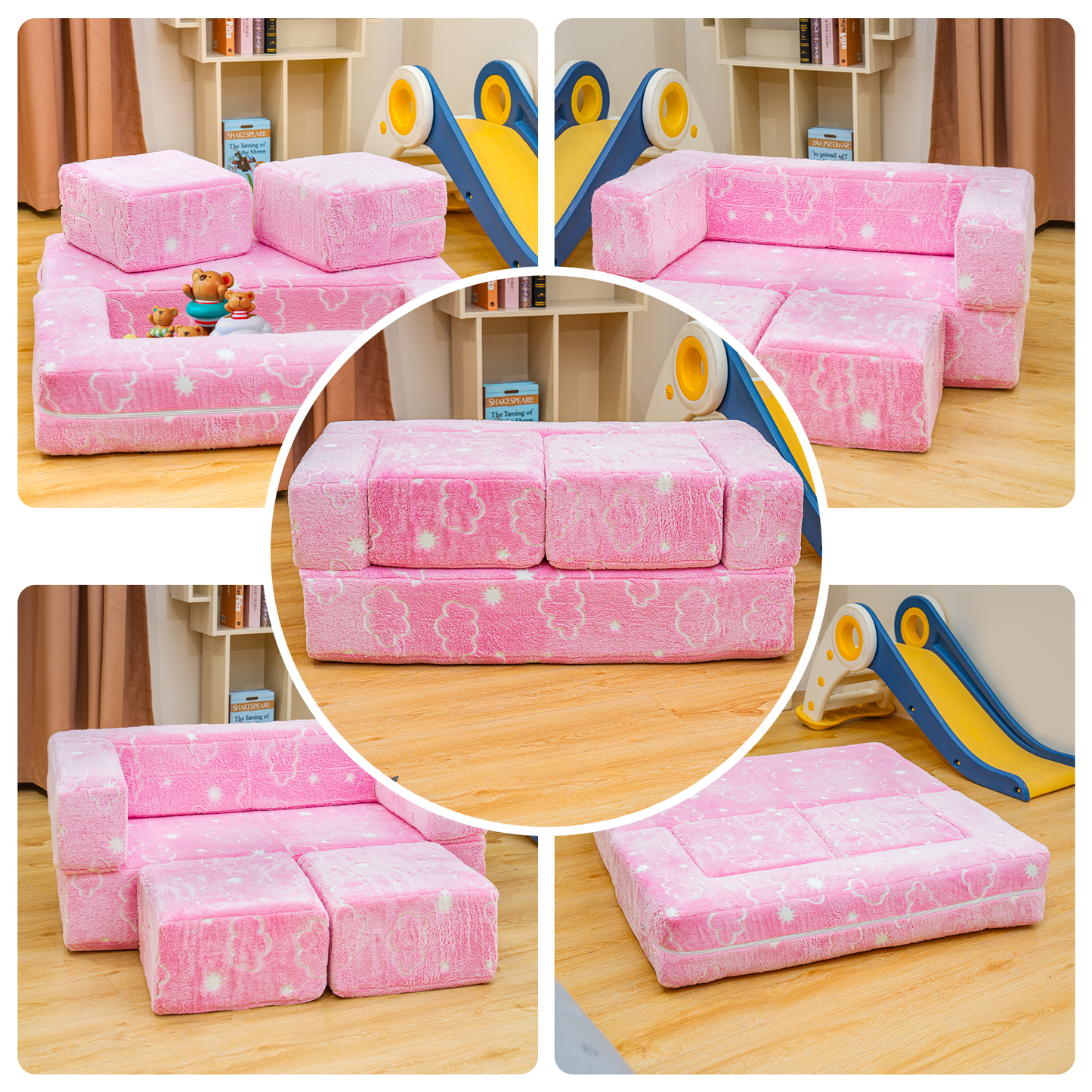 Stomoze 4Pcs Modular Couch Kids Fort Glow in the Dark,Large Modular Couch Kids Glow in the Dark,Modular Kids Toddler Play Couch,Convertible Modular Couch Kids for Playroom