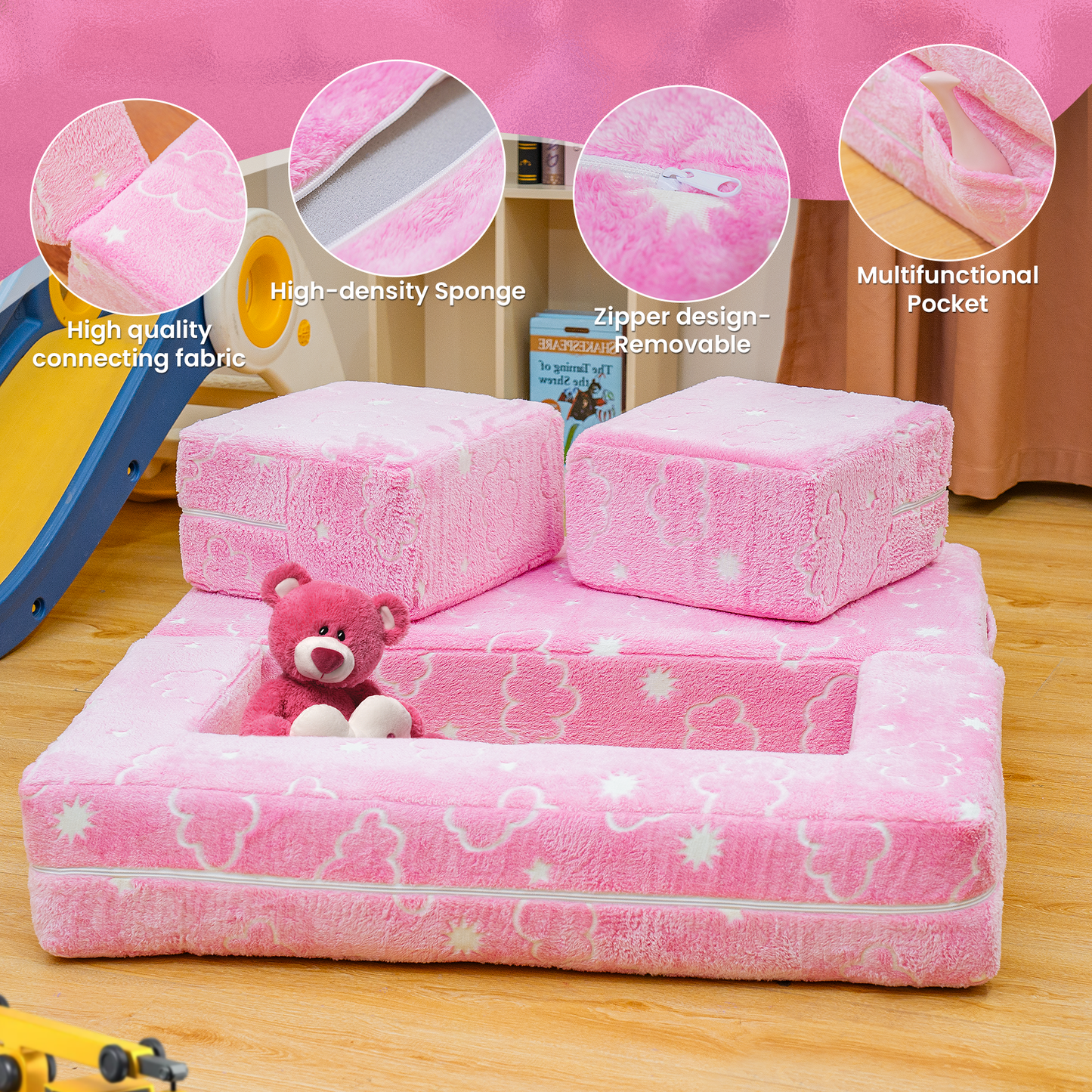 Stomoze 4Pcs Modular Couch Kids Fort Glow in the Dark,Large Modular Couch Kids Glow in the Dark,Modular Kids Toddler Play Couch,Convertible Modular Couch Kids for Playroom