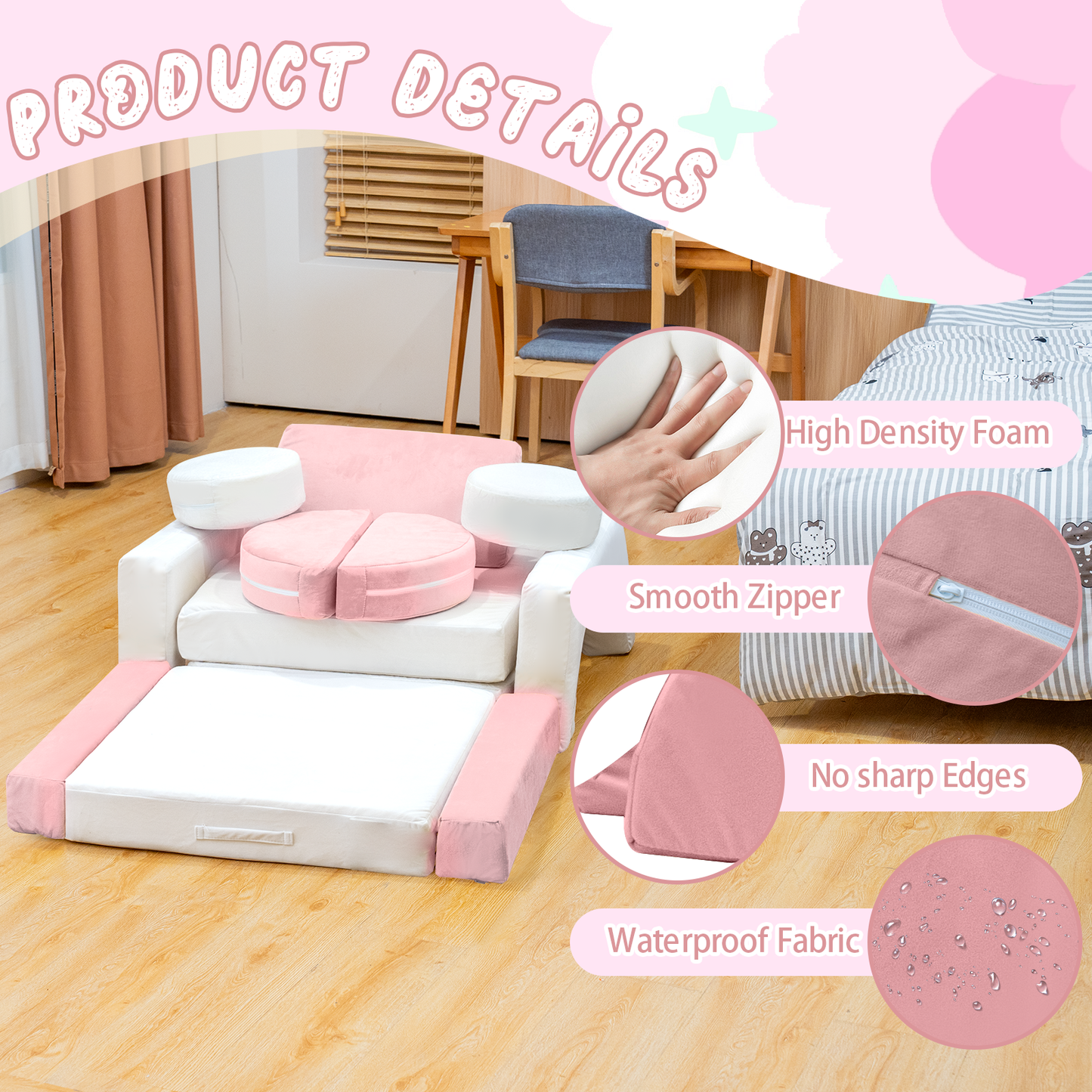 Stmoze 13PCS Modular Kids Play Couch with Washable Velvet Cover, Modular Couch for Boys and Girls, Convertible Foam and Floor Cushion for Nursery Playroom
