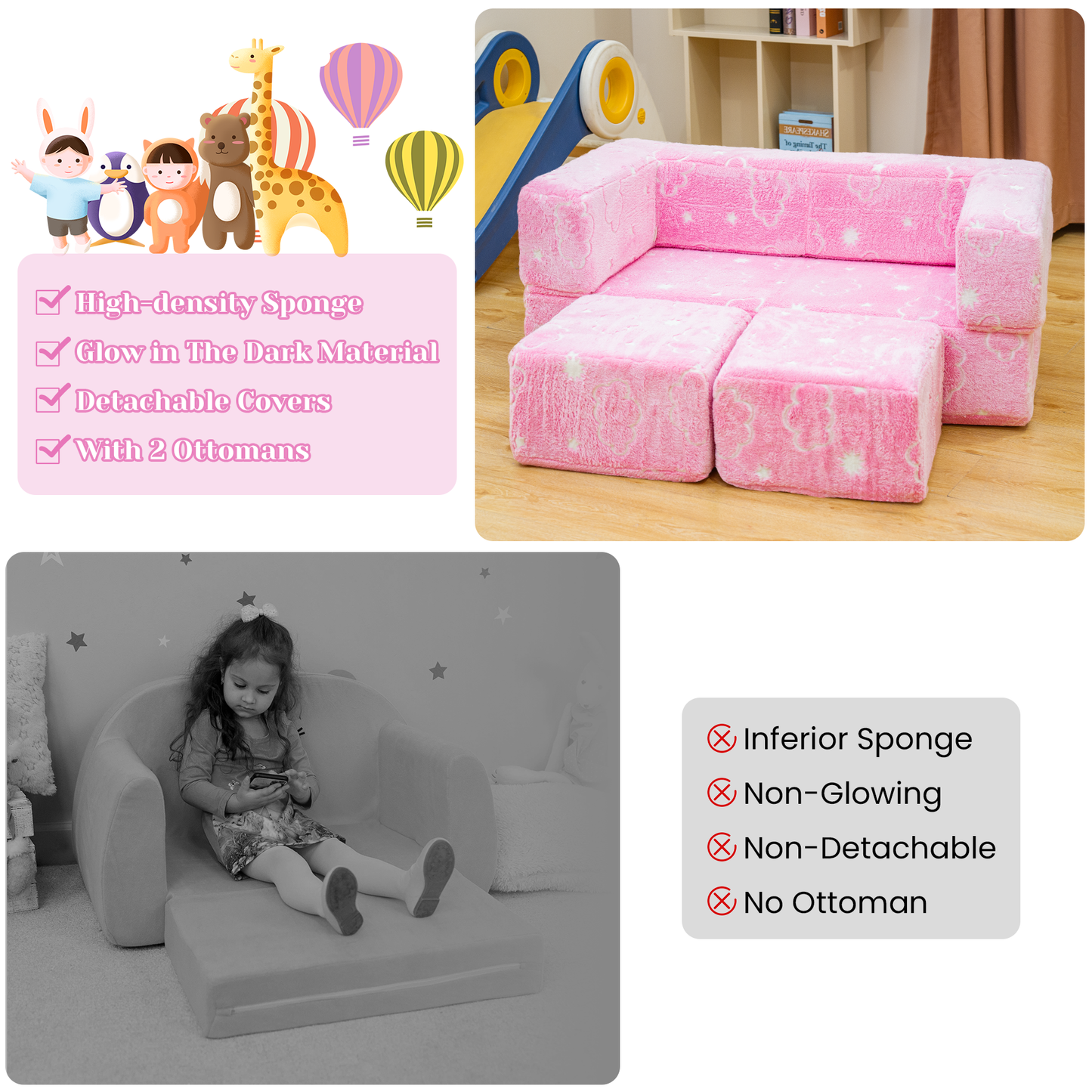 Stomoze 4Pcs Modular Couch Kids Fort Glow in the Dark,Large Modular Couch Kids Glow in the Dark,Modular Kids Toddler Play Couch,Convertible Modular Couch Kids for Playroom
