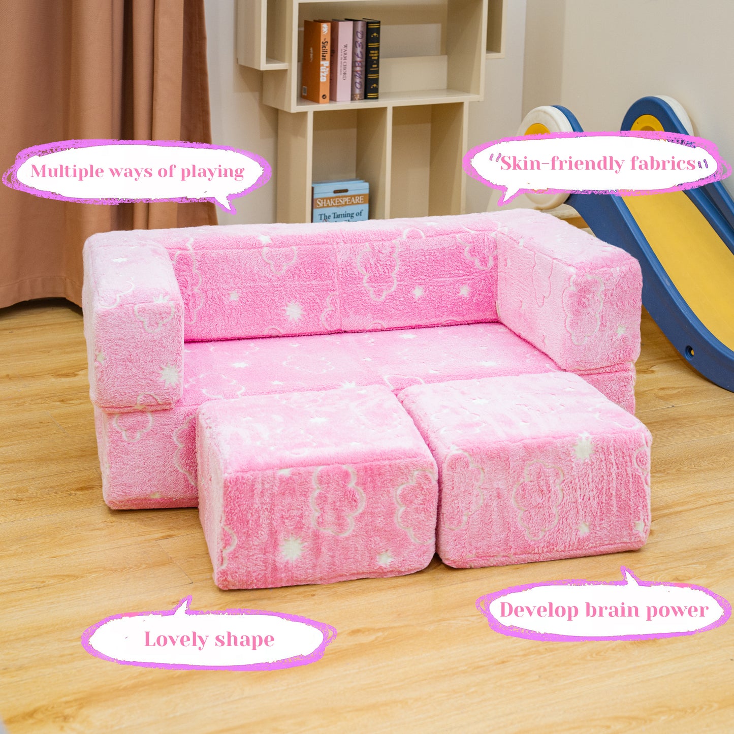 Stomoze 4Pcs Modular Couch Kids Fort Glow in the Dark,Large Modular Couch Kids Glow in the Dark,Modular Kids Toddler Play Couch,Convertible Modular Couch Kids for Playroom