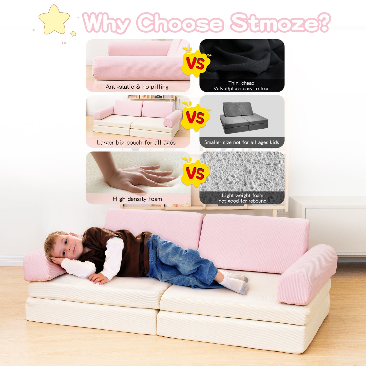 Stmoze Modular Kids Play Couch, Kids Couch for Playroom, Kids Sofa Couch, 5 Seconds Instant Expansion, Corduroy Fabric