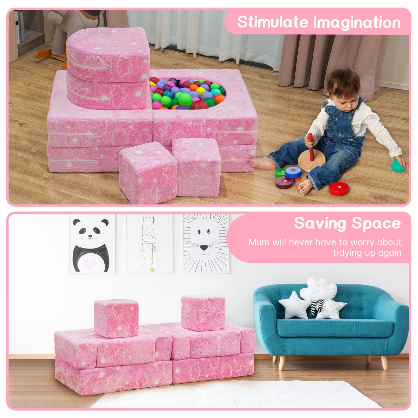 Stmoze Modular Kids Play Couch, Kids Couch for Playroom Bedroom, Kids Couch Glow in The Dark, 5 Seconds Instant Expansion