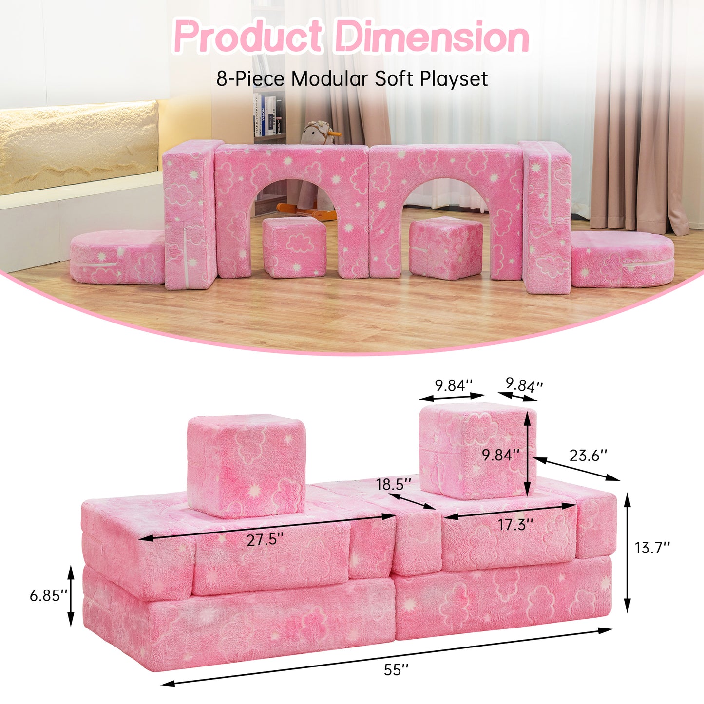 Stmoze Modular Kids Play Couch, Kids Couch for Playroom Bedroom, Kids Couch Glow in The Dark, 5 Seconds Instant Expansion