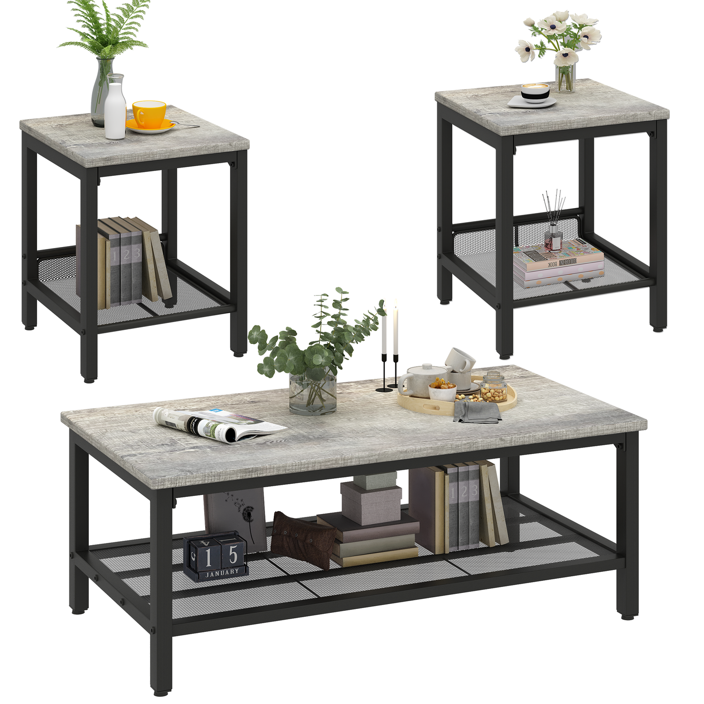 Baxluxe 3 Pieces Living Room Coffee Table Set, Retro Coffee Table with 2 Square End Tables, Tea Table Set with Metal Frame for Apartment Home Office