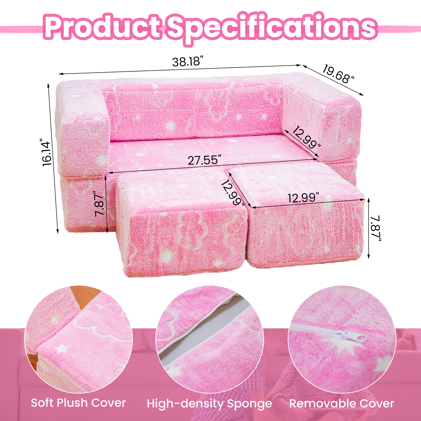 Stomoze 4Pcs Modular Couch Kids Fort Glow in the Dark,Large Modular Couch Kids Glow in the Dark,Modular Kids Toddler Play Couch,Convertible Modular Couch Kids for Playroom