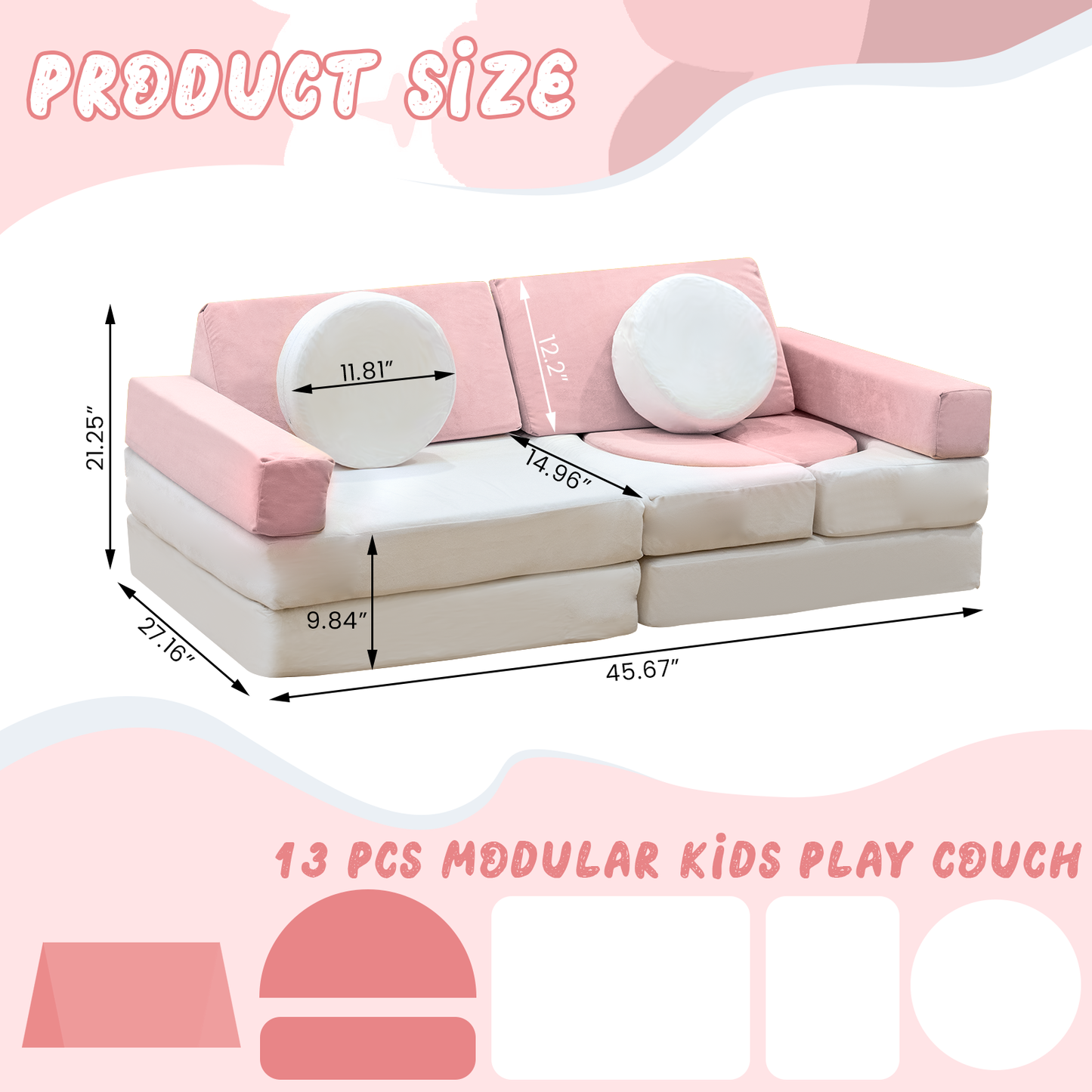 Stmoze 13PCS Modular Kids Play Couch with Washable Velvet Cover, Modular Couch for Boys and Girls, Convertible Foam and Floor Cushion for Nursery Playroom