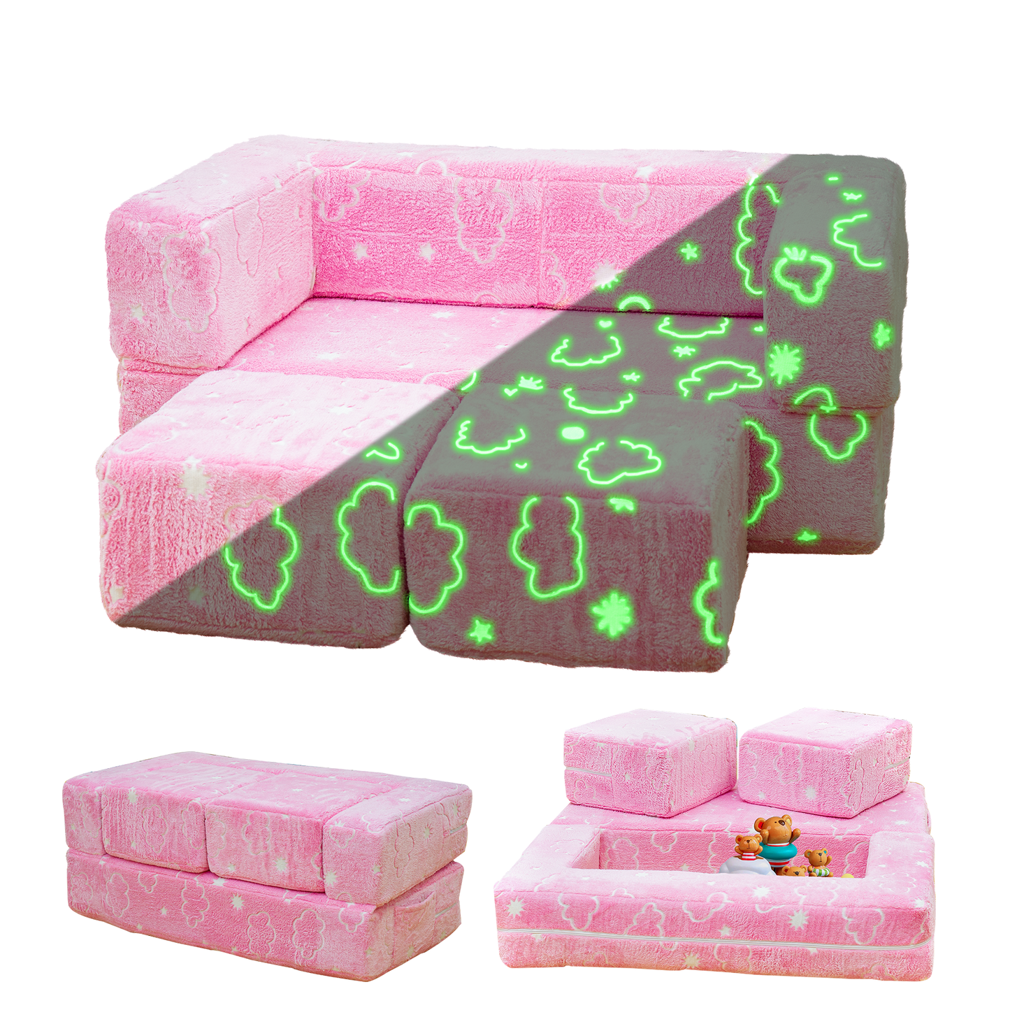 Stomoze 4Pcs Modular Couch Kids Fort Glow in the Dark,Large Modular Couch Kids Glow in the Dark,Modular Kids Toddler Play Couch,Convertible Modular Couch Kids for Playroom