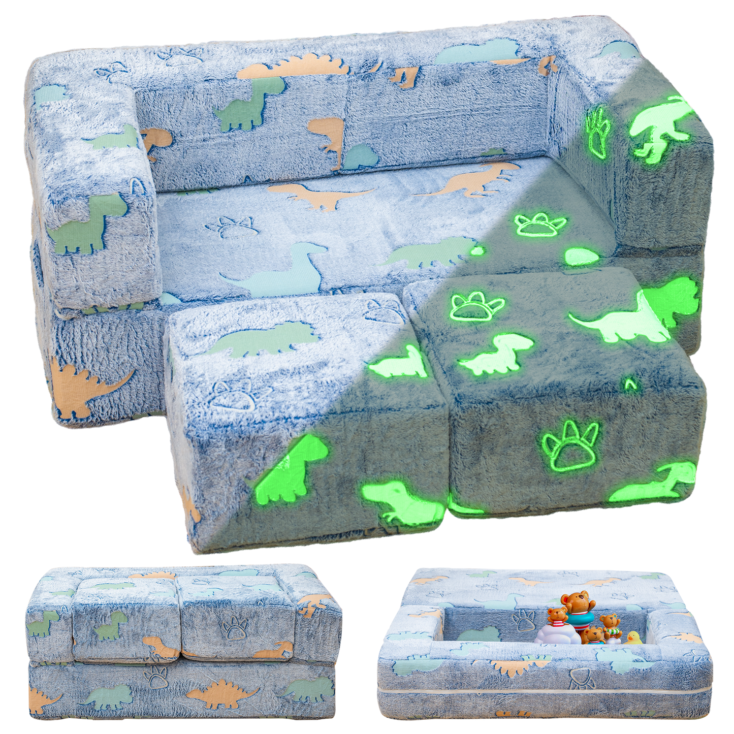 Stomoze 4Pcs Modular Couch Kids Fort Glow in the Dark,Large Modular Couch Kids Glow in the Dark,Modular Kids Toddler Play Couch,Convertible Modular Couch Kids for Playroom