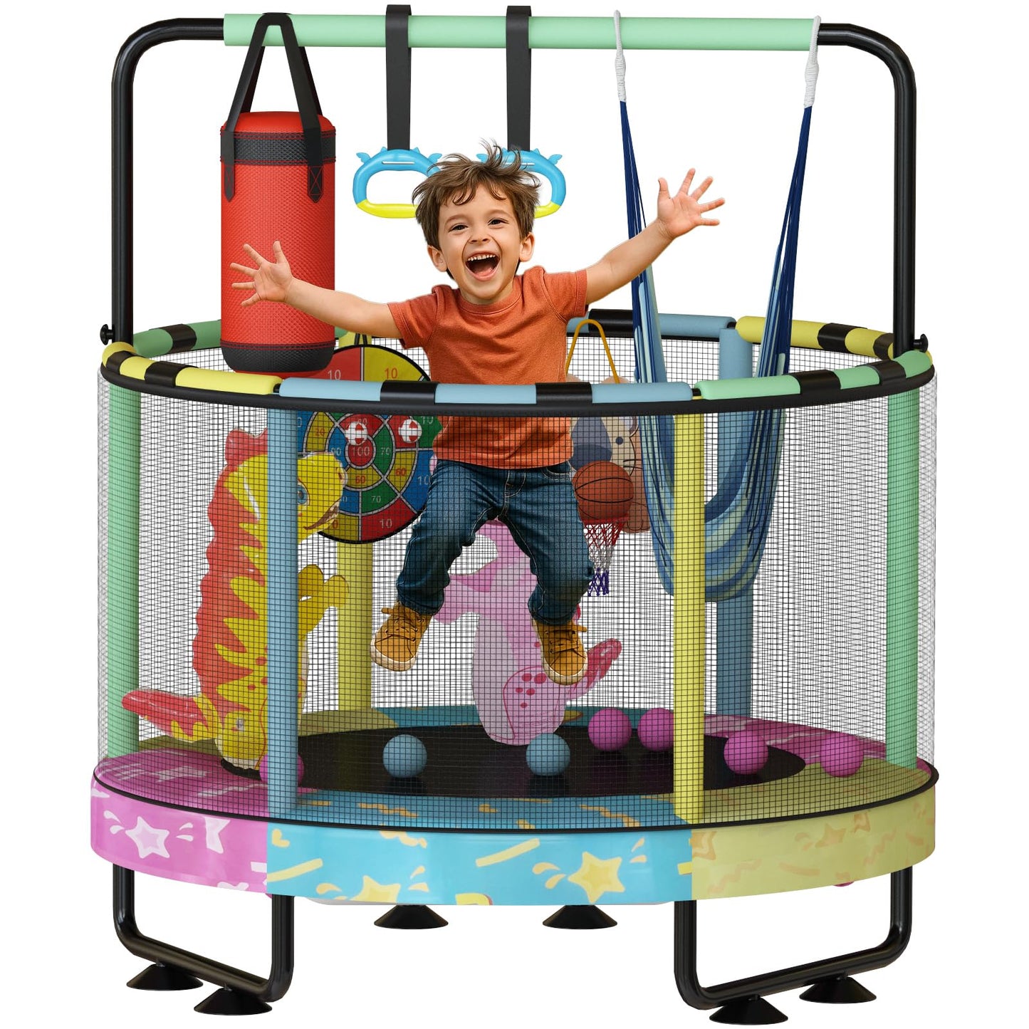 Baxluxe 55" 7-in-1 Upgraded Kids Trampoline, Reinforced Safe Design with Adjustable Height & Net, 500lbs Capacity Indoor and Outdoor Mini Trampoline for Boys & Girls Ages 3-8
