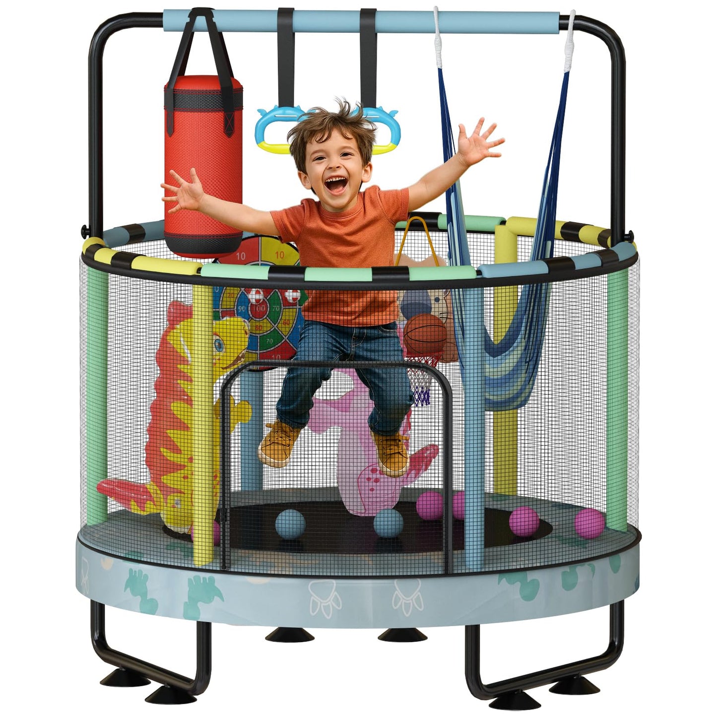 Baxluxe 55" 7-in-1 Upgraded Kids Trampoline, Reinforced Safe Design with Adjustable Height & Net, 500lbs Capacity Indoor and Outdoor Mini Trampoline for Boys & Girls Ages 3-8