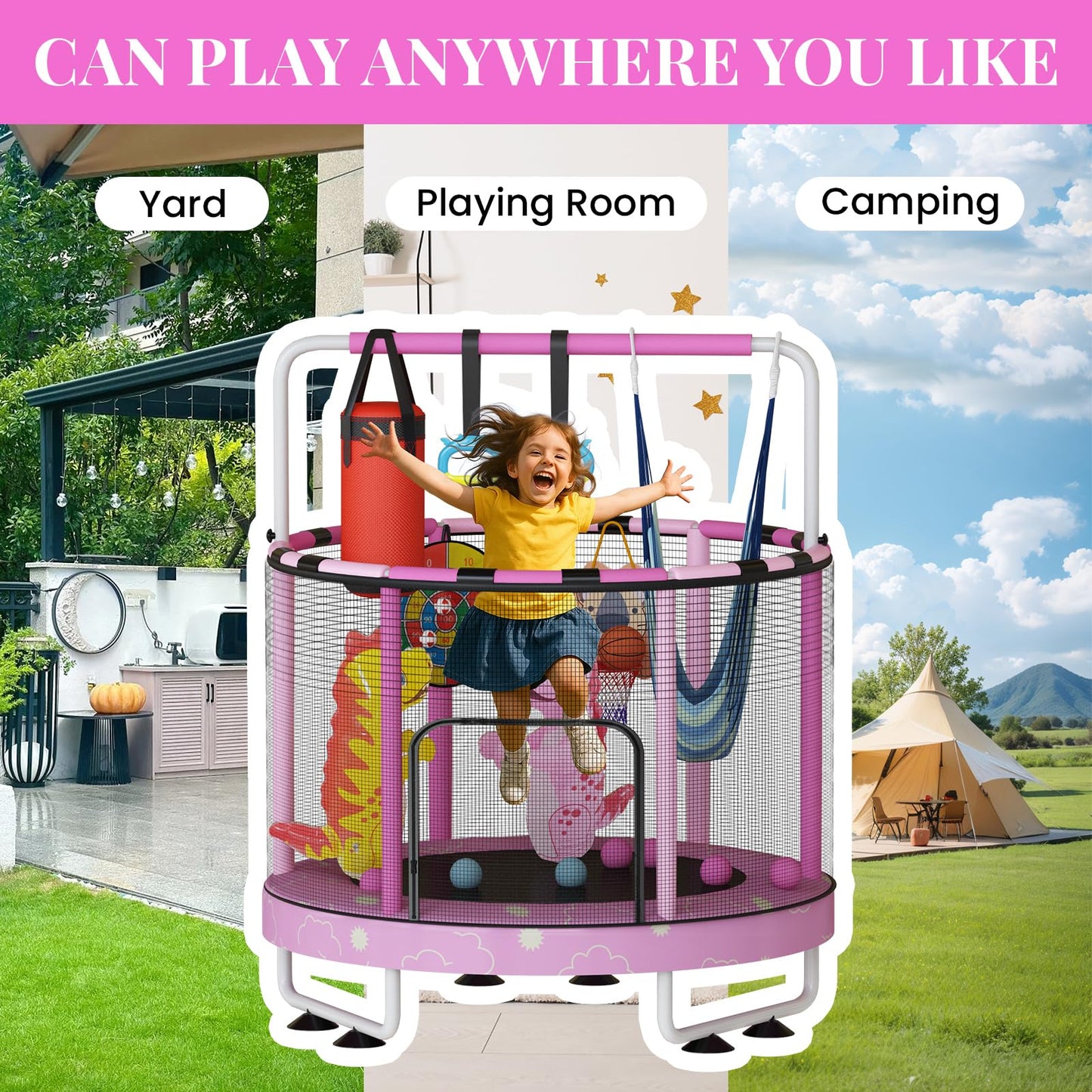 Baxluxe 55" 7-in-1 Upgraded Kids Trampoline, Reinforced Safe Design with Adjustable Height & Net, 500lbs Capacity Indoor and Outdoor Mini Trampoline for Boys & Girls Ages 3-8