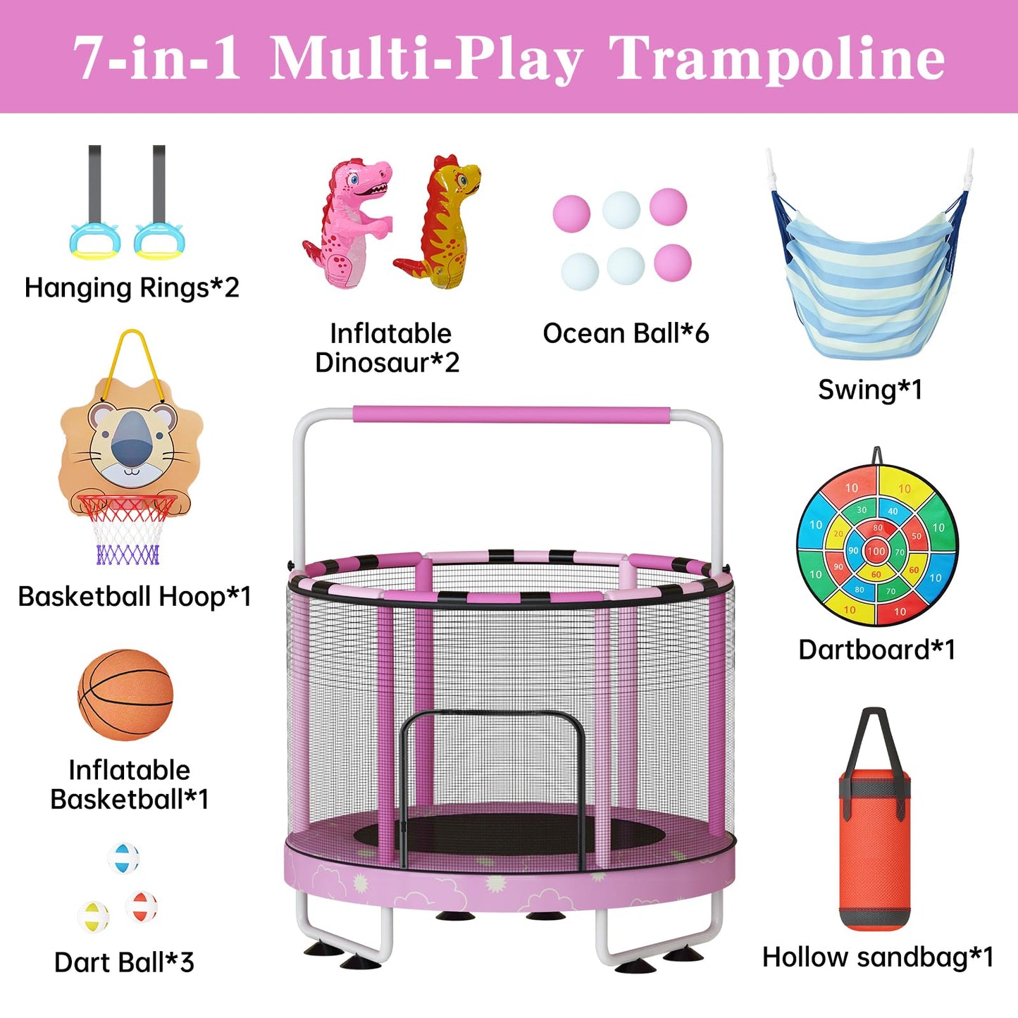 Baxluxe 55" 7-in-1 Upgraded Kids Trampoline, Reinforced Safe Design with Adjustable Height & Net, 500lbs Capacity Indoor and Outdoor Mini Trampoline for Boys & Girls Ages 3-8