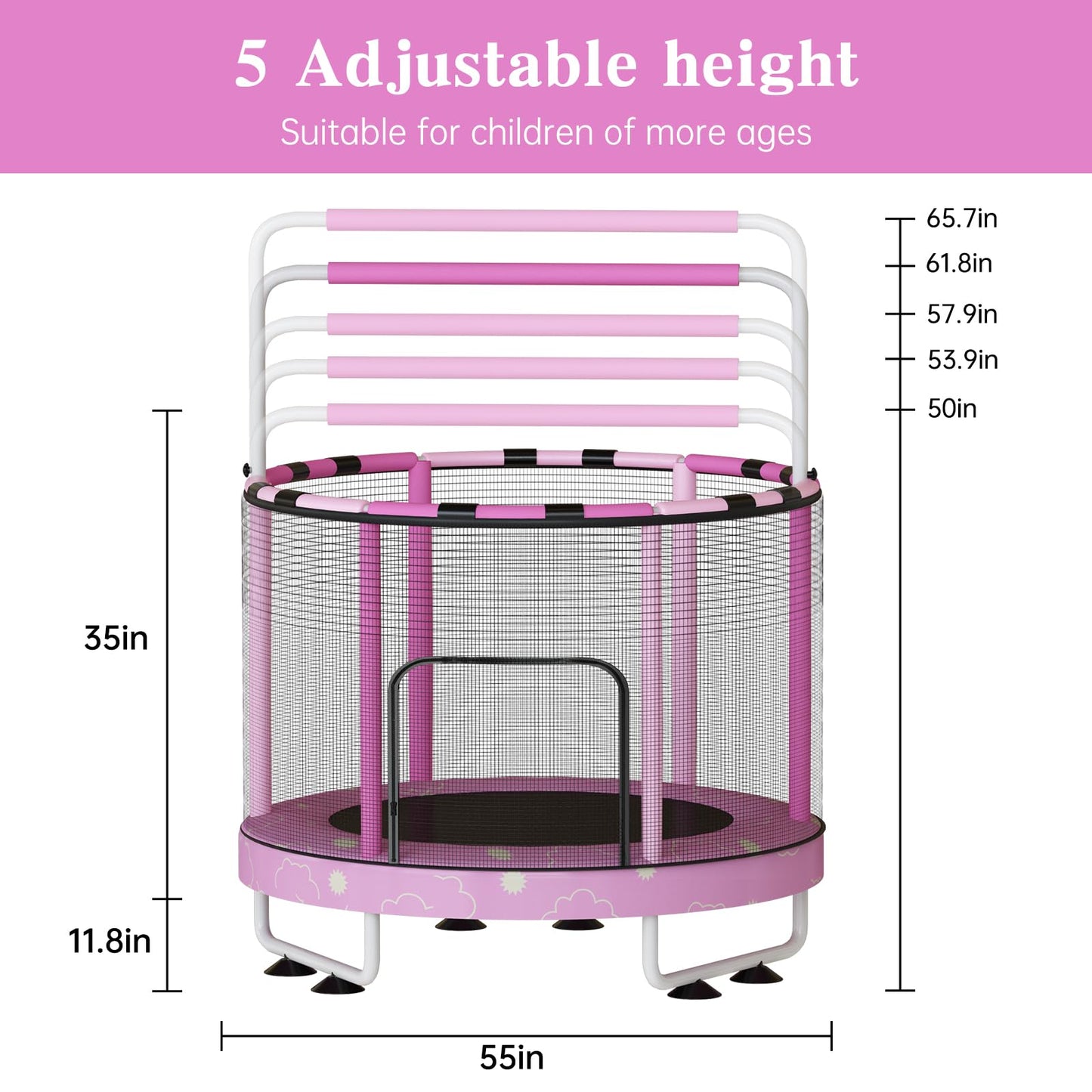 Baxluxe 55" 7-in-1 Upgraded Kids Trampoline, Reinforced Safe Design with Adjustable Height & Net, 500lbs Capacity Indoor and Outdoor Mini Trampoline for Boys & Girls Ages 3-8
