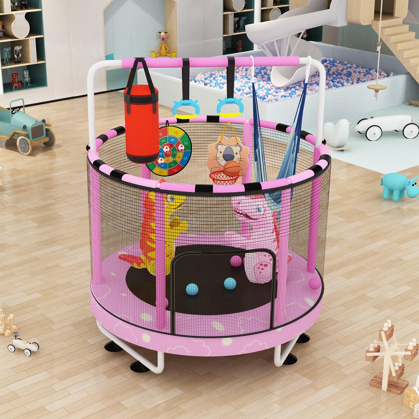 Baxluxe 55" 7-in-1 Upgraded Kids Trampoline, Reinforced Safe Design with Adjustable Height & Net, 500lbs Capacity Indoor and Outdoor Mini Trampoline for Boys & Girls Ages 3-8