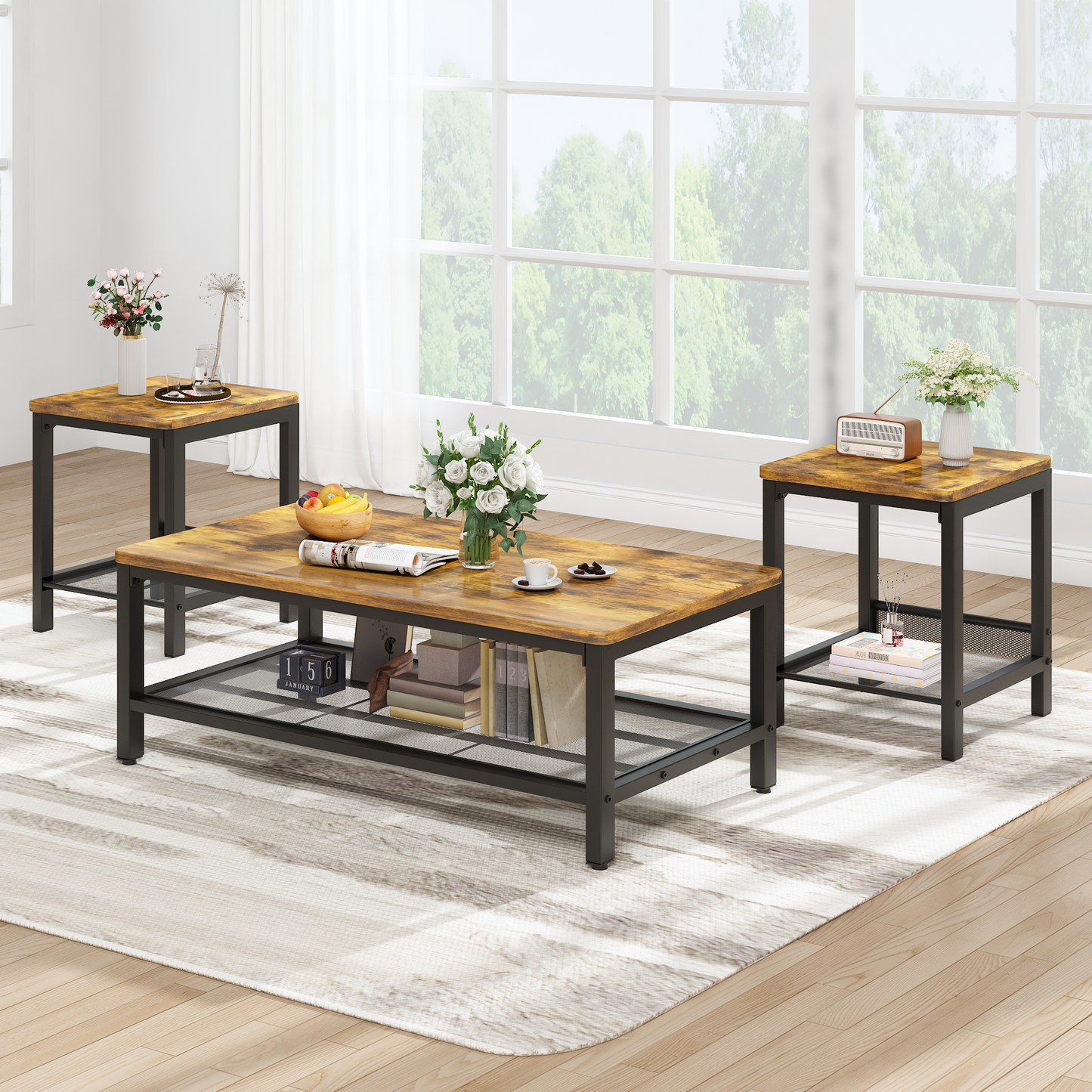 Baxluxe 3 Pieces Living Room Coffee Table Set, Retro Coffee Table with 2 Square End Tables, Tea Table Set with Metal Frame for Apartment Home Office