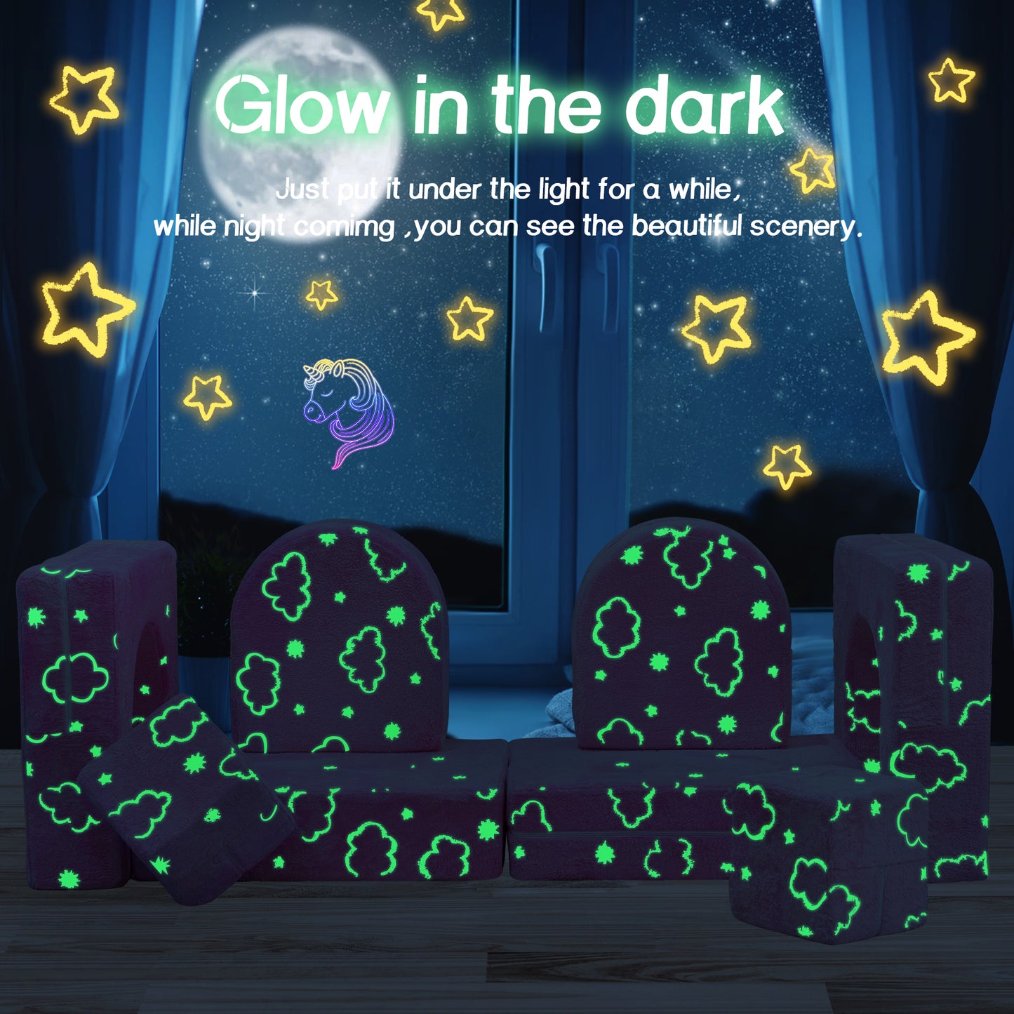 Stmoze Modular Kids Play Couch, Kids Couch for Playroom Bedroom, Kids Couch Glow in The Dark, 5 Seconds Instant Expansion