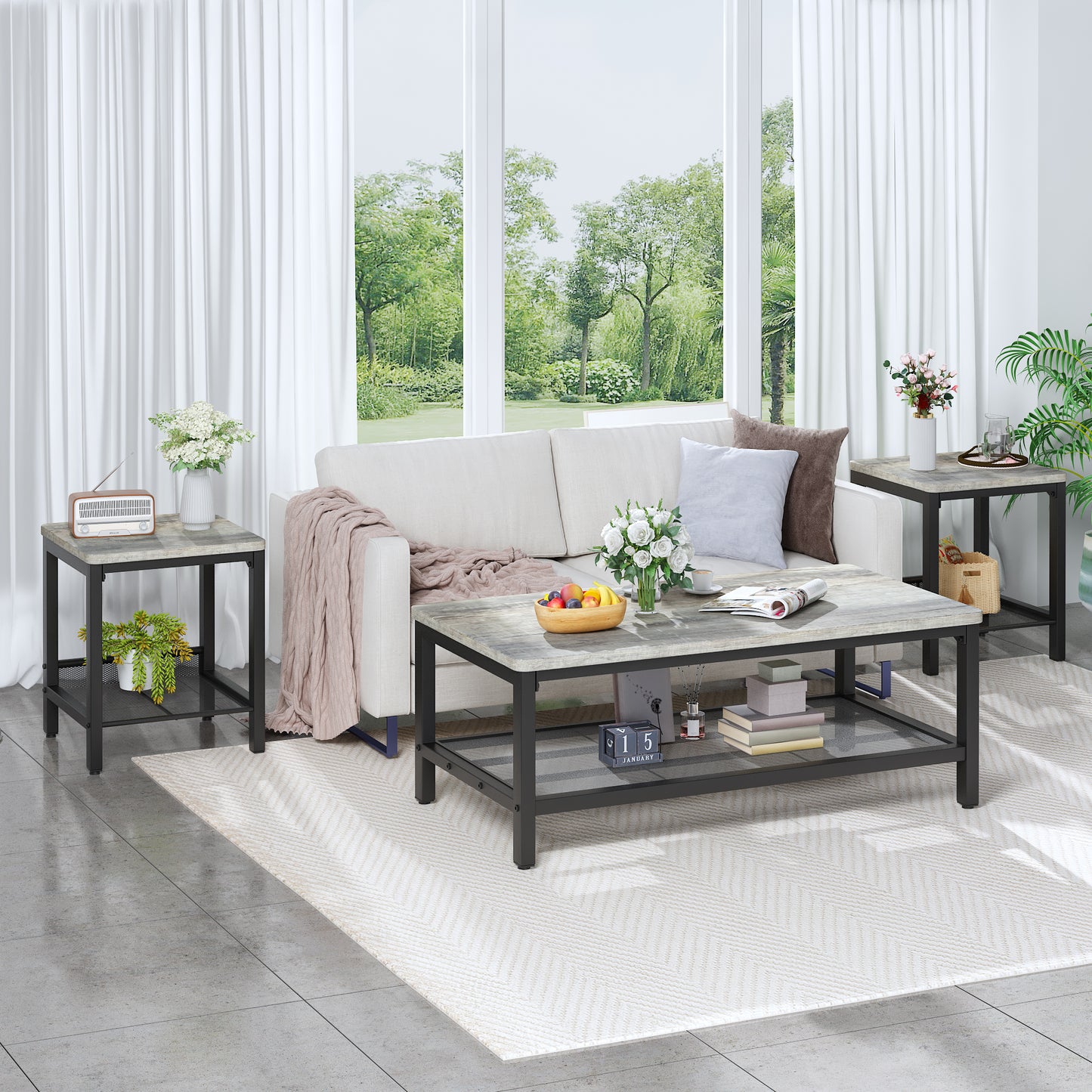 Baxluxe 3 Pieces Living Room Coffee Table Set, Retro Coffee Table with 2 Square End Tables, Tea Table Set with Metal Frame for Apartment Home Office