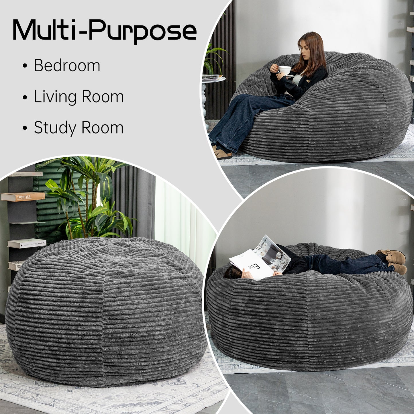 Stmoze Large Bean Bag Chair for Adults, 6FT Giant Beanbag Chairs with Memory Foam Filled,Ultra Soft Lazy Sofa for Living Room Bedroom,Grey