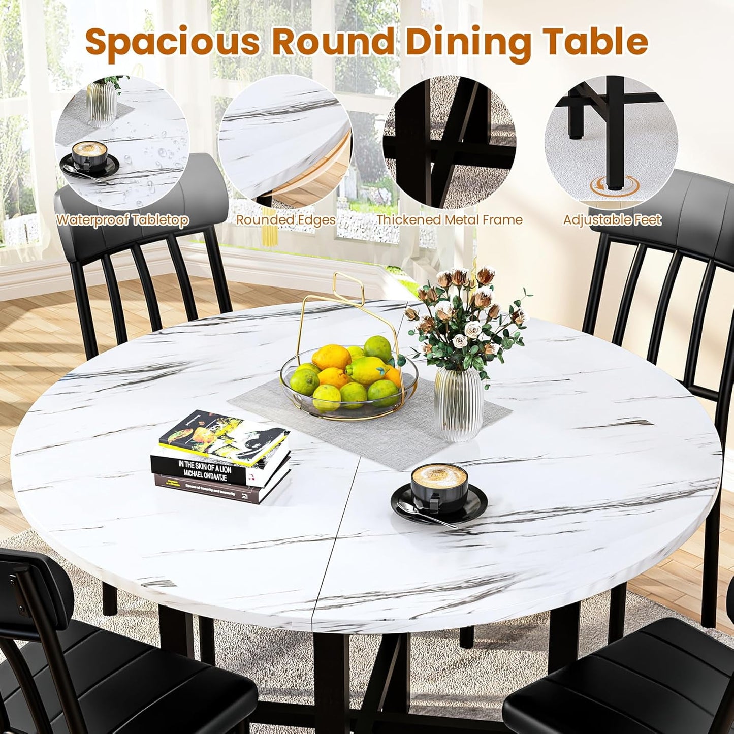 Baxluxe Round Dining Table Set, Modern 4 Person Solid Wood Round Kitchen Dining Table and Chairs Set for Apartment, Small Space, Kitchen Dining Room Round Dining Table, White