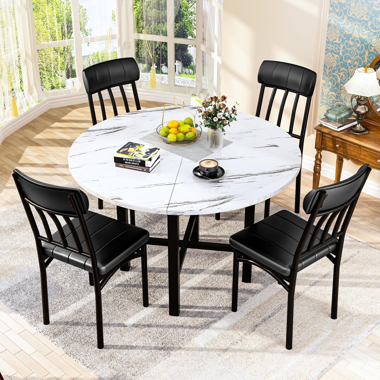 Baxluxe Round Dining Table Set, Modern 4 Person Solid Wood Round Kitchen Dining Table and Chairs Set for Apartment, Small Space, Kitchen Dining Room Round Dining Table, White
