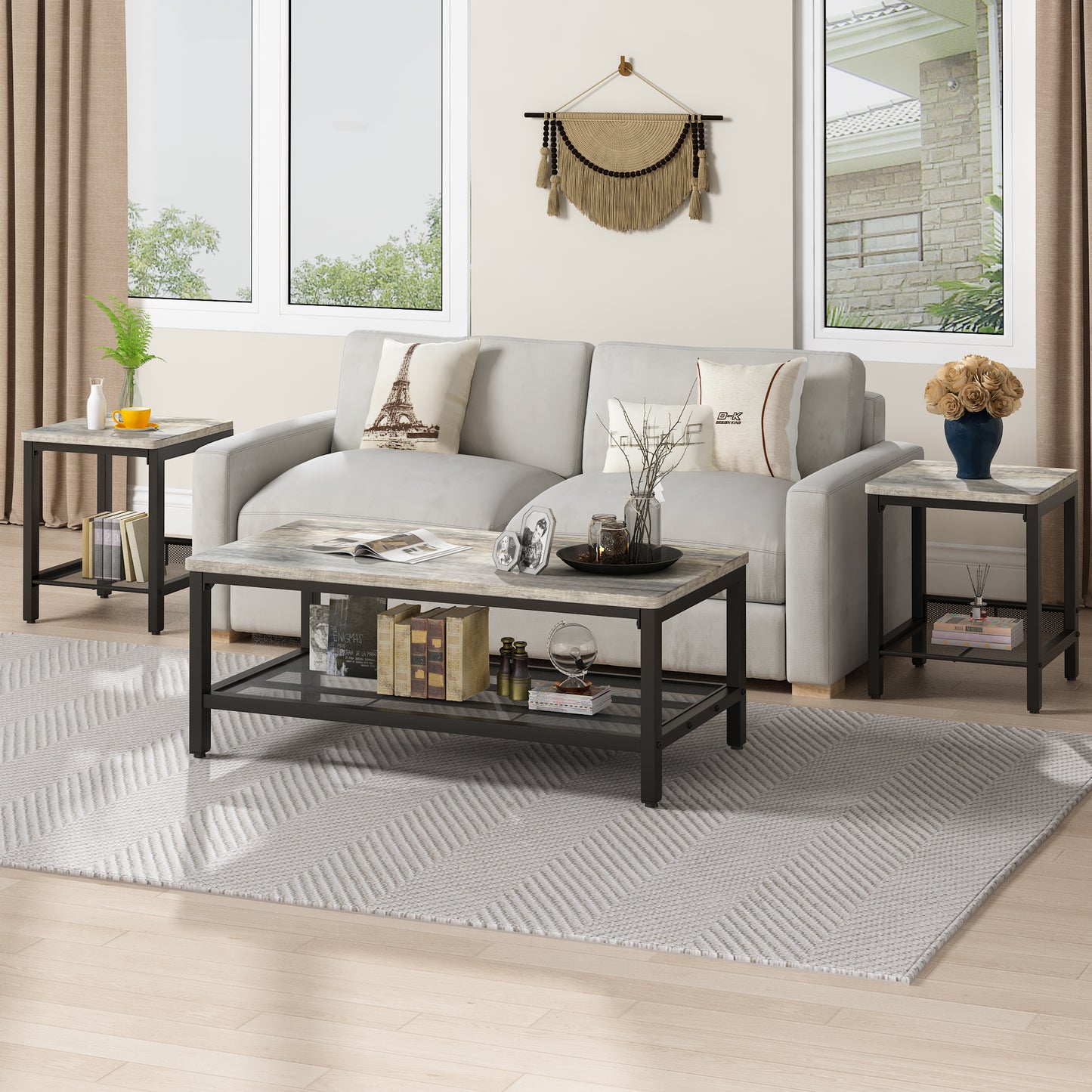 Baxluxe 3 Pieces Living Room Coffee Table Set, Retro Coffee Table with 2 Square End Tables, Tea Table Set with Metal Frame for Apartment Home Office