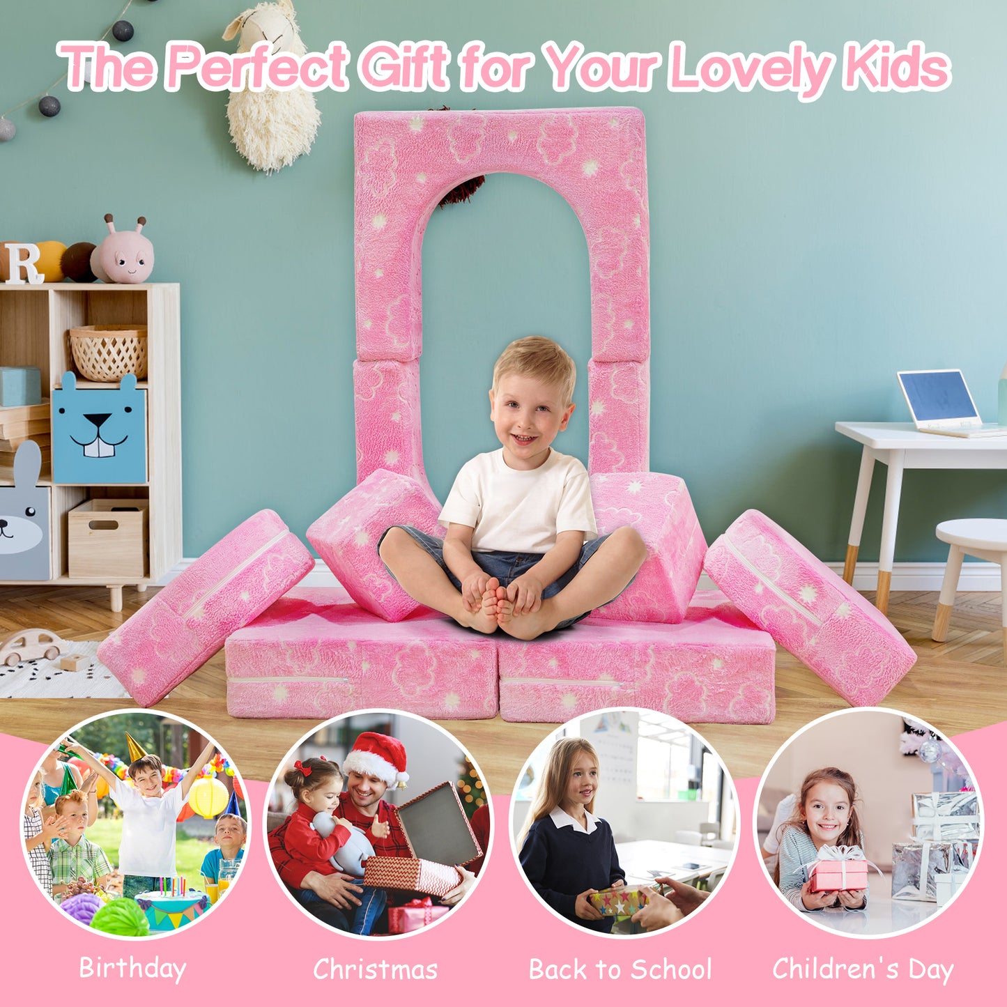 Stmoze Modular Kids Play Couch, Kids Couch for Playroom Bedroom, Kids Couch Glow in The Dark, 5 Seconds Instant Expansion