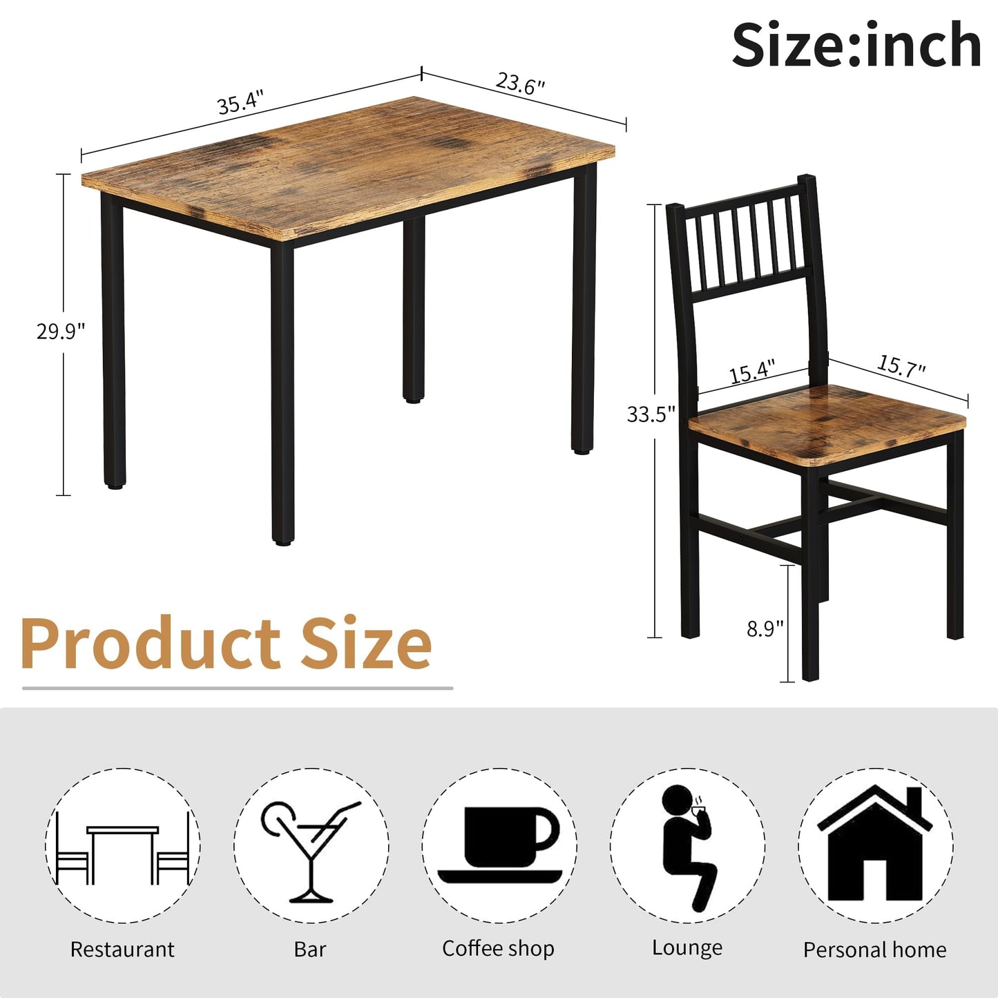 Baxluxe Dining Table Set, Rustic Kitchen Table and 2 Chairs with Metal Frame, Dining Room Dining Table Set, Small Space Breakfast Dining Table Set, Dining Room, Kitchen, Rustic Brown