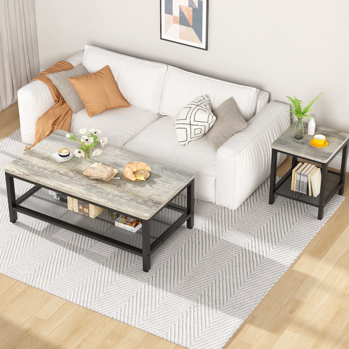 Baxluxe 3 Pieces Living Room Coffee Table Set, Retro Coffee Table with 2 Square End Tables, Tea Table Set with Metal Frame for Apartment Home Office
