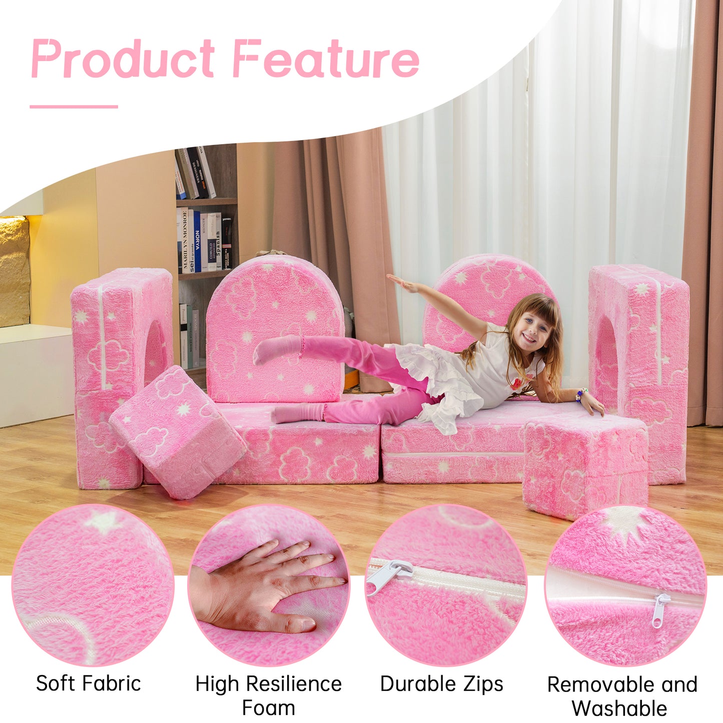 Stmoze Modular Kids Play Couch, Kids Couch for Playroom Bedroom, Kids Couch Glow in The Dark, 5 Seconds Instant Expansion