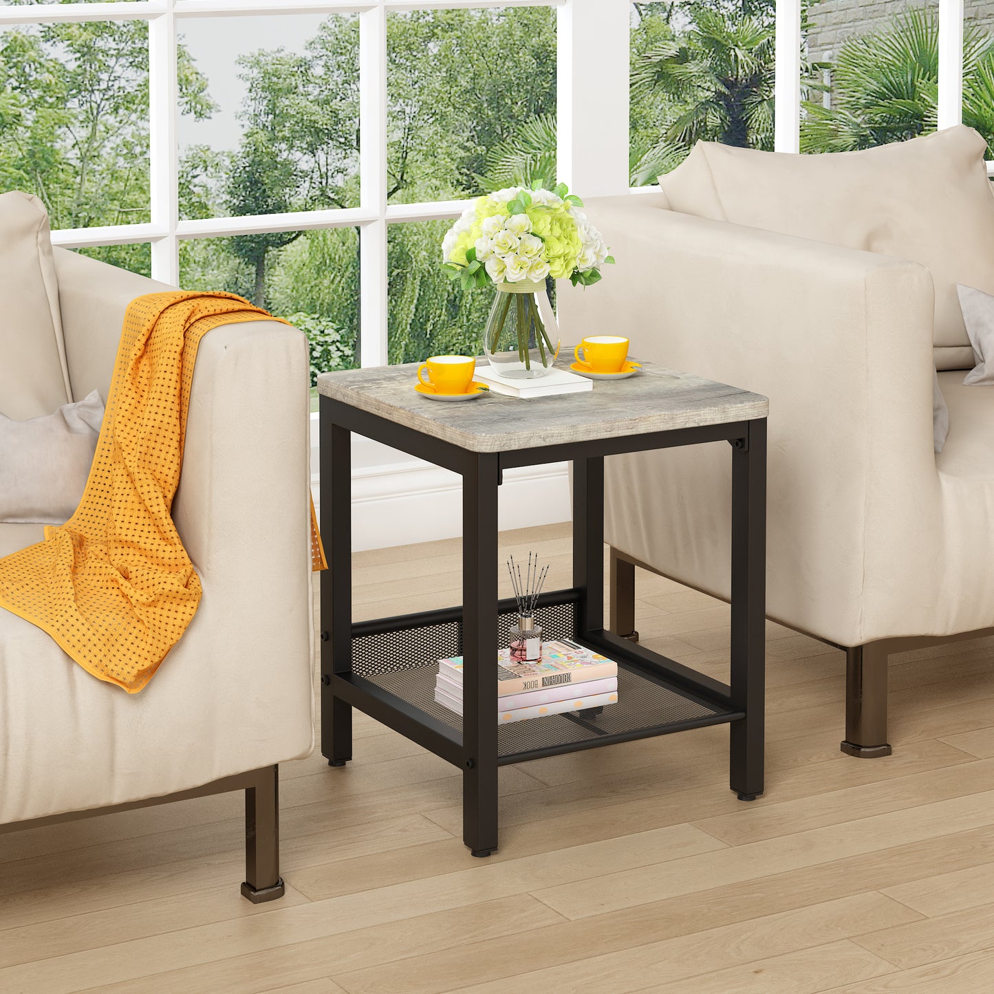 Baxluxe 3 Pieces Living Room Coffee Table Set, Retro Coffee Table with 2 Square End Tables, Tea Table Set with Metal Frame for Apartment Home Office