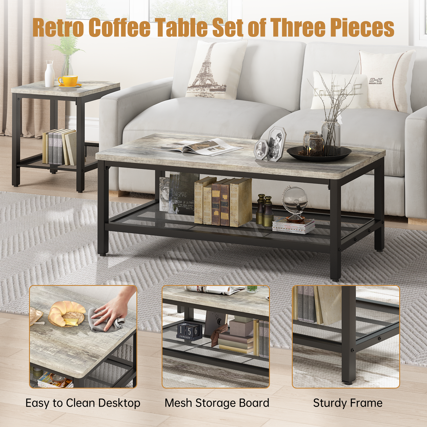 Baxluxe 3 Pieces Living Room Coffee Table Set, Retro Coffee Table with 2 Square End Tables, Tea Table Set with Metal Frame for Apartment Home Office