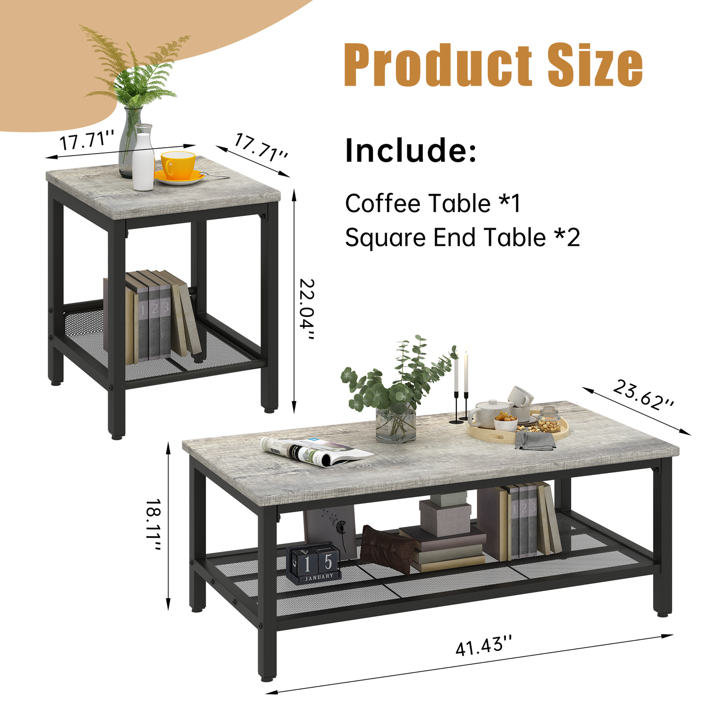 Baxluxe 3 Pieces Living Room Coffee Table Set, Retro Coffee Table with 2 Square End Tables, Tea Table Set with Metal Frame for Apartment Home Office
