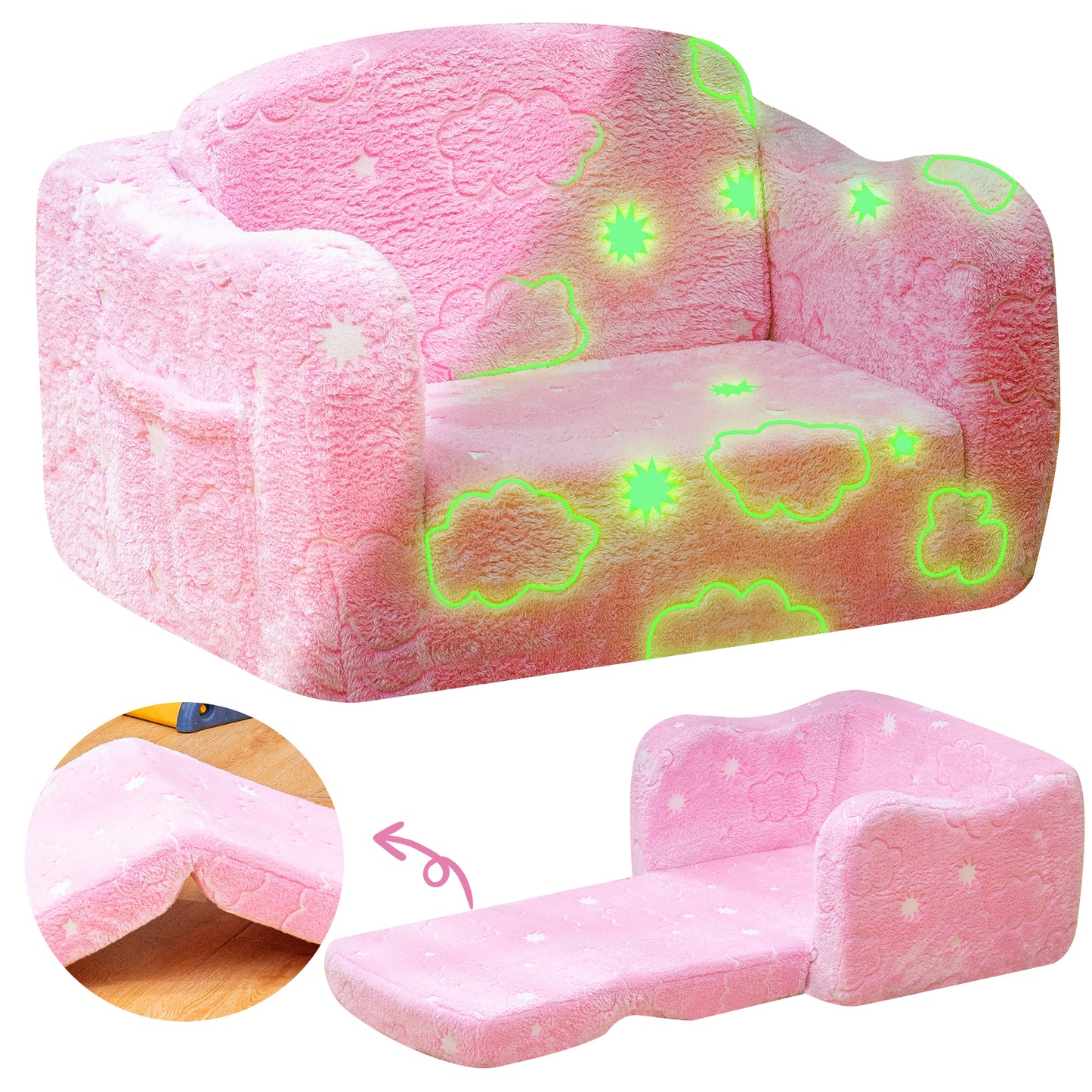 Stmoze Modular Play Couch for Kids 3+ Years Old, Glow in The Dark Play Couch, Fold Out Couch for Kids, Convertible Kids Fold Out Play Foam and Floor Cushion for Bedroom and Playroom