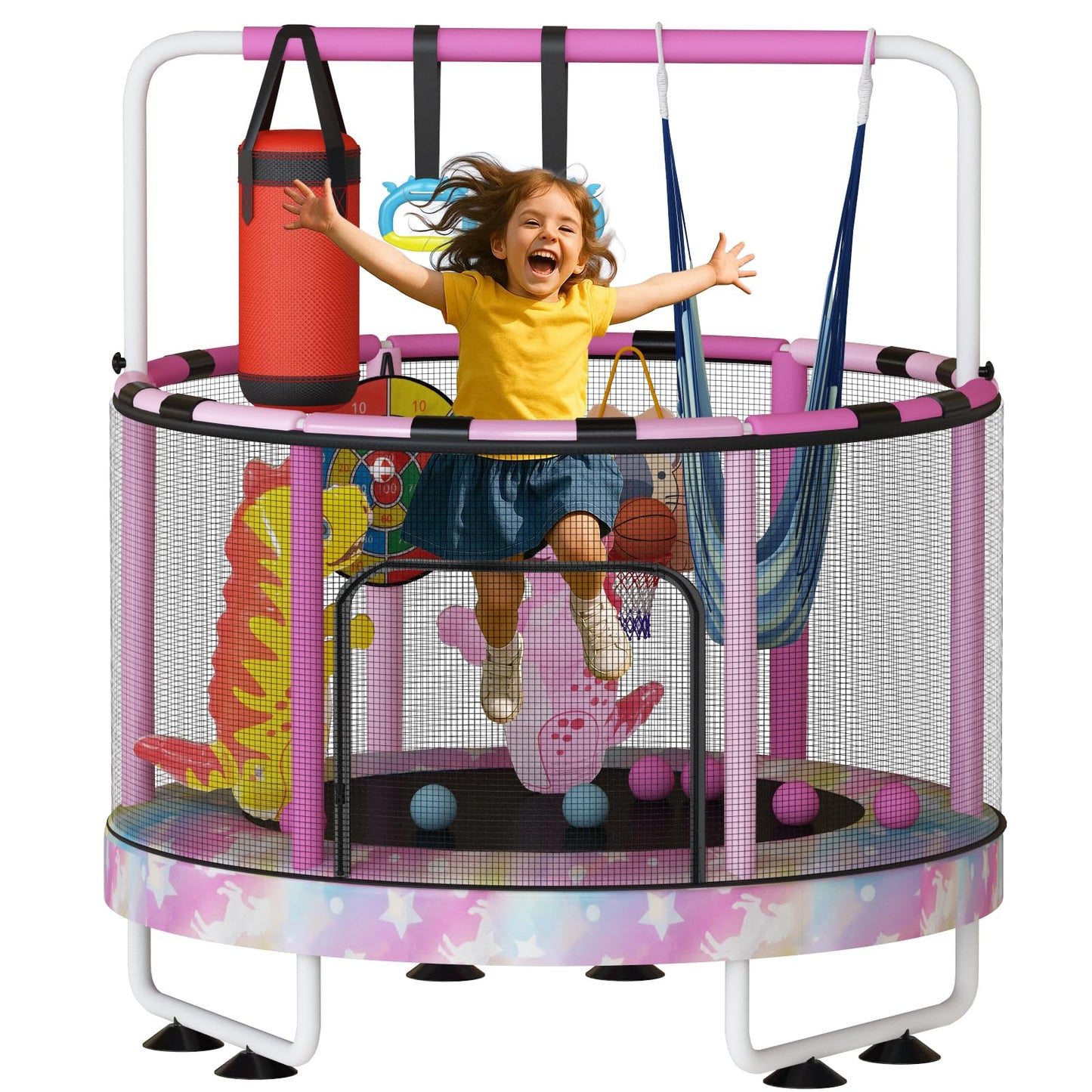 Baxluxe 55" 7-in-1 Upgraded Kids Trampoline, Reinforced Safe Design with Adjustable Height & Net, 500lbs Capacity Indoor and Outdoor Mini Trampoline for Boys & Girls Ages 3-8