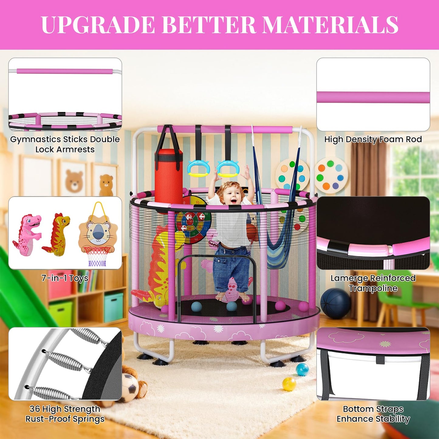 Baxluxe 55" 7-in-1 Upgraded Kids Trampoline, Reinforced Safe Design with Adjustable Height & Net, 500lbs Capacity Indoor and Outdoor Mini Trampoline for Boys & Girls Ages 3-8