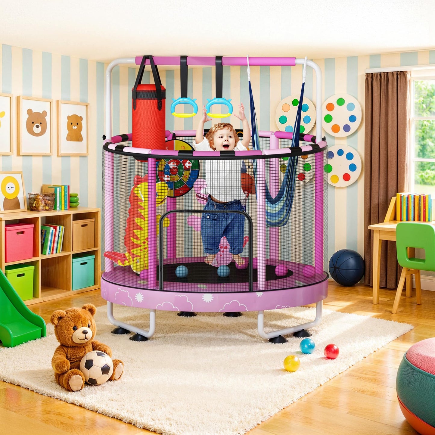 Baxluxe 55" 7-in-1 Upgraded Kids Trampoline, Reinforced Safe Design with Adjustable Height & Net, 500lbs Capacity Indoor and Outdoor Mini Trampoline for Boys & Girls Ages 3-8